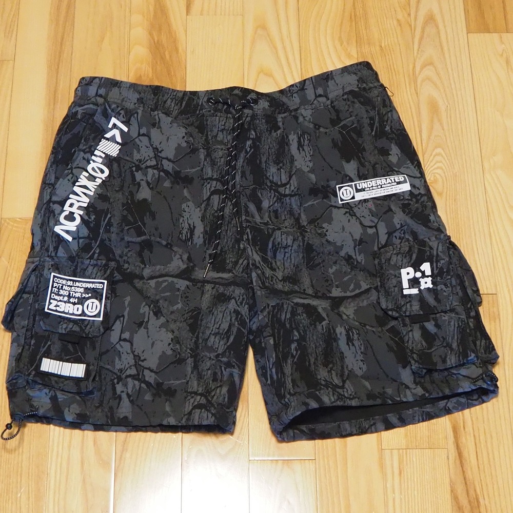 RGSTR Men's Black Camo Utility Cargo Shorts Tech Gym Crossfit Streetwear